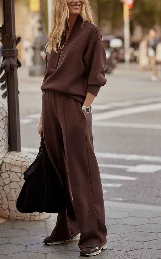 Meet The Autumn Ribbed Zipper Neck Sweatshirt and Elastic Waist Pocketed Loose Pants Set