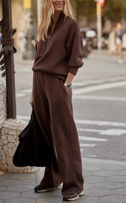 Meet The Autumn Ribbed Zipper Neck Sweatshirt and Elastic Waist Pocketed Loose Pants Set