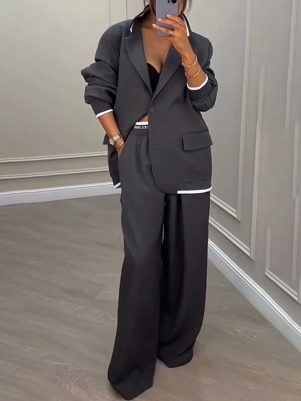 Fashion Sports Style Ribbed Colorblock Lapel Blazer and Elastic Waist Pocket Loose Pants Set