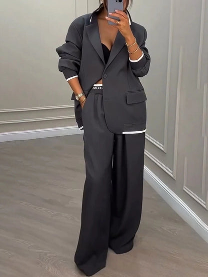 Fashion Sports Style Ribbed Colorblock Lapel Blazer and Elastic Waist Pocket Loose Pants Set