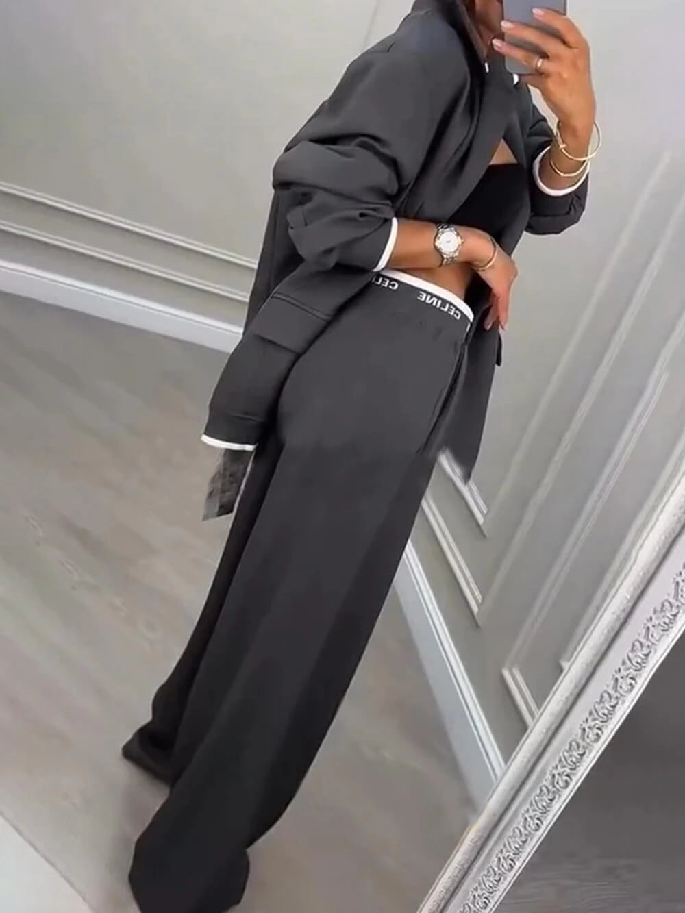 Fashion Sports Style Ribbed Colorblock Lapel Blazer and Elastic Waist Pocket Loose Pants Set