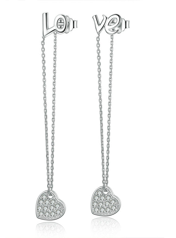 Sterling Silver Heart LOVE Long Earrings 925