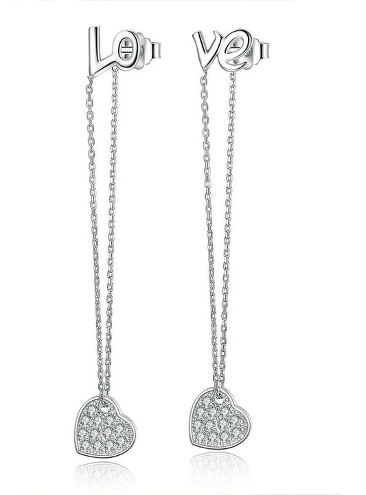 Sterling Silver Heart LOVE Long Earrings 925