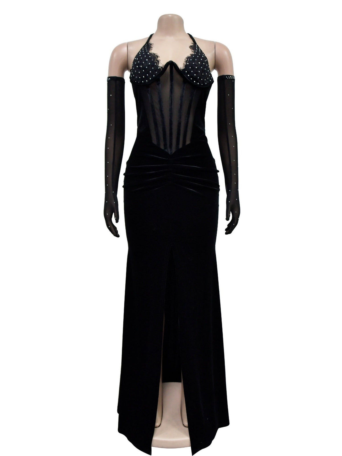 Lace And Velvet Patchwork Rhinestone-studded Evening Gown Mesh See-through Halter Neck Slit Maxi Dresses