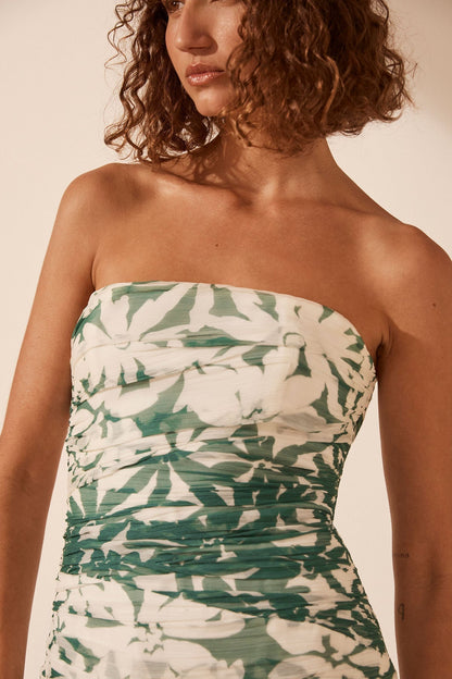 Floral Ruched Strapless Midi Dress