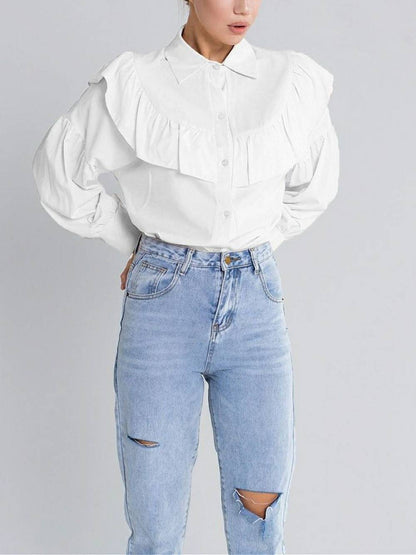 Ruffled Women Shirt Solid Slim Office Lady Frill Shirt