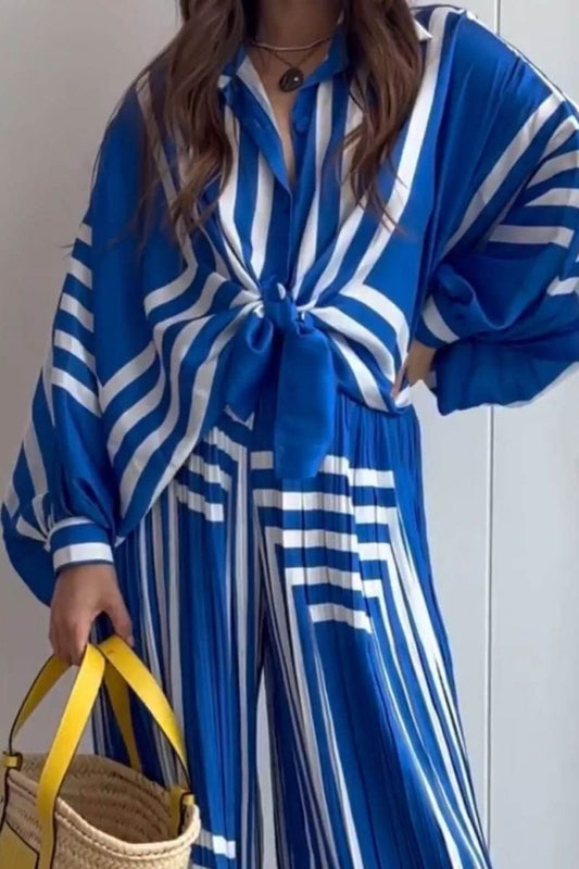 Conjuntos de camisa de manga larga con estampado de rayas geométricas y pantalones de pierna ancha