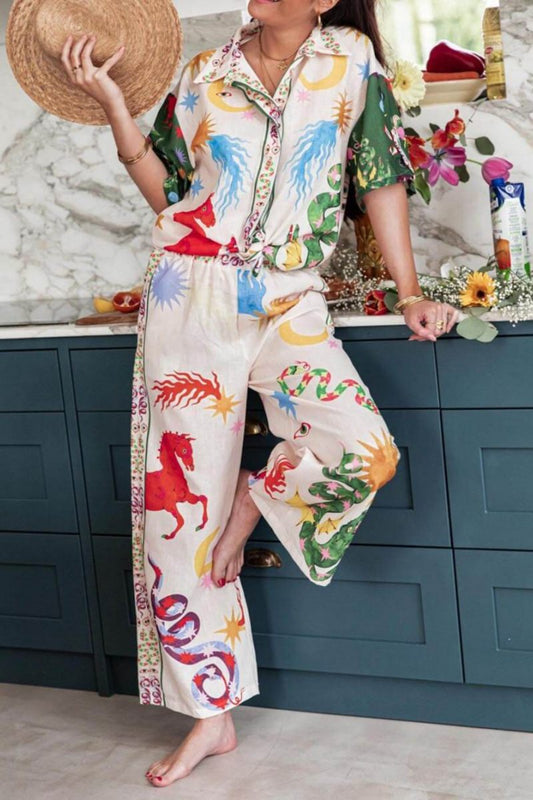 Conjunto de camisa holgada de manga corta con estampado único y pantalones con cintura elástica