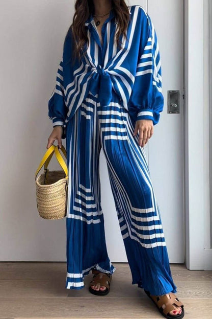 Conjuntos de camisa de manga larga con estampado de rayas geométricas y pantalones de pierna ancha