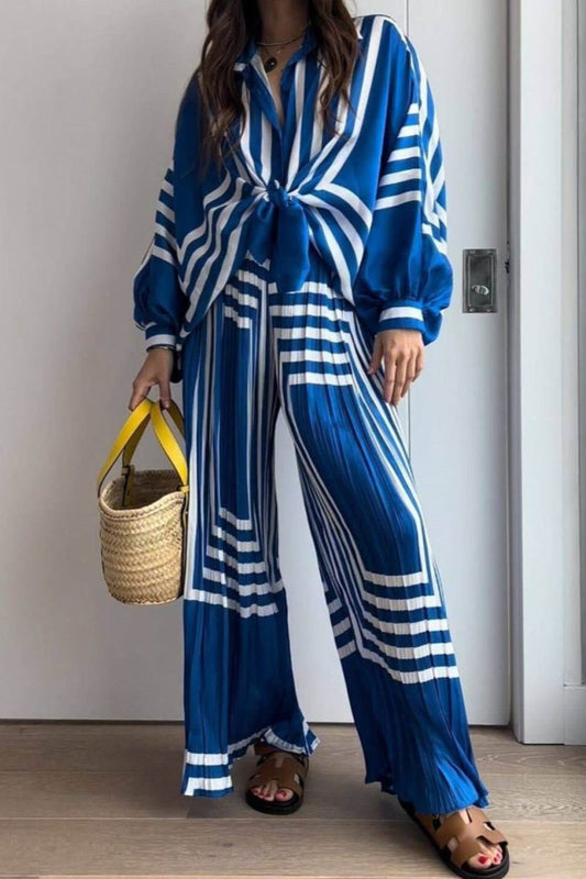 Conjuntos de camisa de manga larga con estampado de rayas geométricas y pantalones de pierna ancha