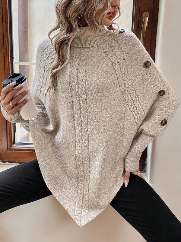 Jersey de cuello alto de punto trenzado extragrande para mujer con botones | Ideal para otoño/invierno