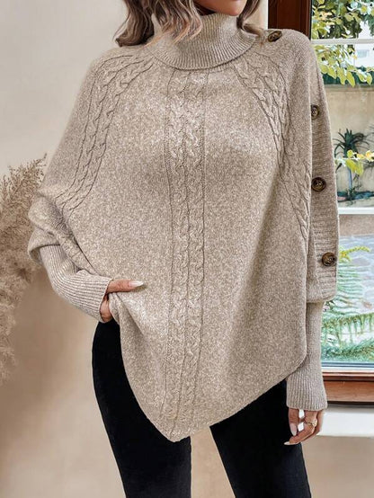 Jersey de cuello alto de punto trenzado extragrande para mujer con botones | Ideal para otoño/invierno