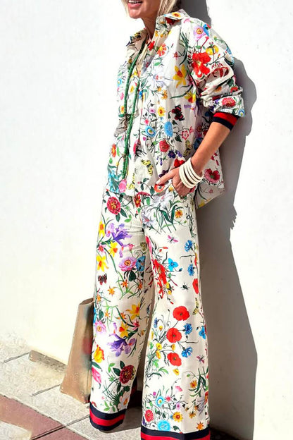 Conjunto de pantalones anchos con bolsillos y cintura elástica con estampado floral único