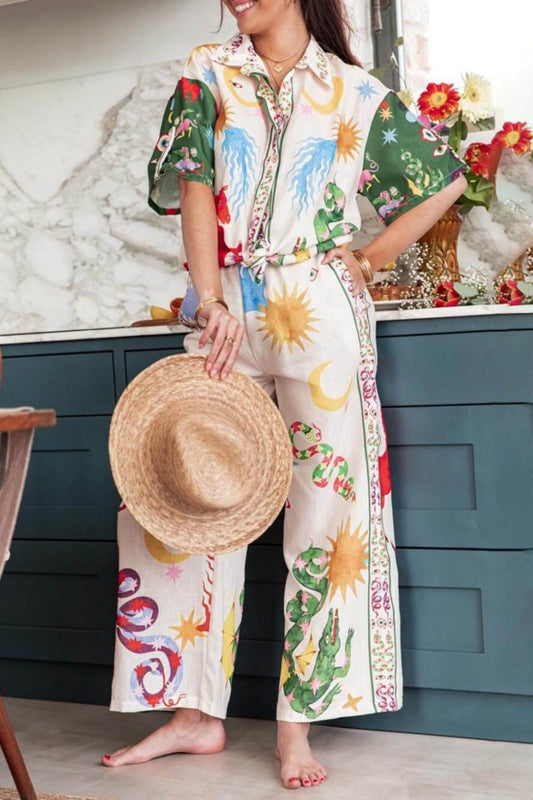 Conjunto de camisa holgada de manga corta con estampado único y pantalones con cintura elástica