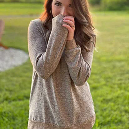 Women Clothing Long Sleeve round Neck Multicolor Split Top Loose Casual Pullover T shirt