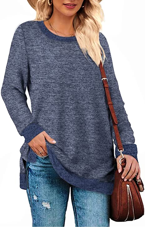Women Clothing Long Sleeve round Neck Multicolor Split Top Loose Casual Pullover T shirt