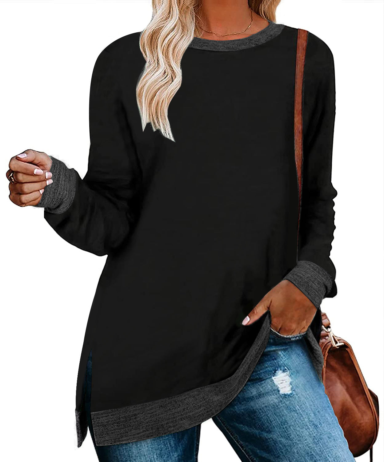Women Clothing Long Sleeve round Neck Multicolor Split Top Loose Casual Pullover T shirt
