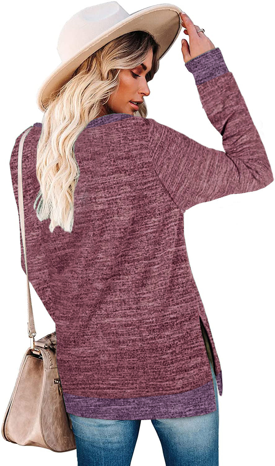Women Clothing Long Sleeve round Neck Multicolor Split Top Loose Casual Pullover T shirt