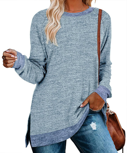 Women Clothing Long Sleeve round Neck Multicolor Split Top Loose Casual Pullover T shirt