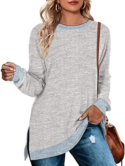 Women Clothing Long Sleeve round Neck Multicolor Split Top Loose Casual Pullover T shirt