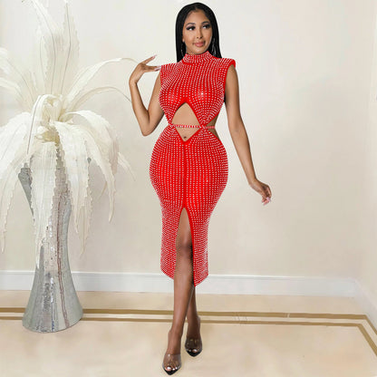 Sexy Mesh See through Rhinestone Hollow Out Cutout Split Dress Women Clothing