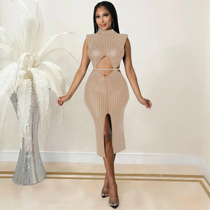 Sexy Mesh See through Rhinestone Hollow Out Cutout Split Dress Women Clothing