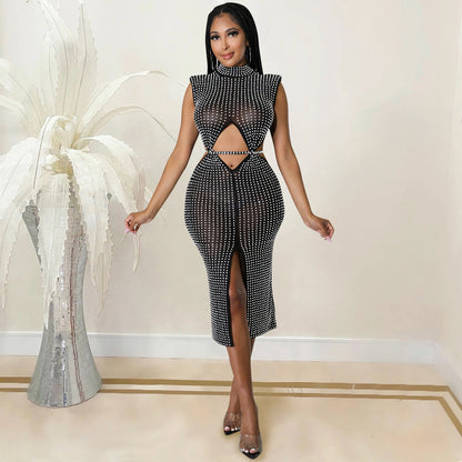 Sexy Mesh See through Rhinestone Hollow Out Cutout Split Dress Women Clothing