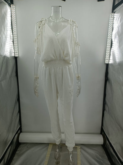 Women Trousers V neck Pocket Elastic Waist Casual Jumpsuit