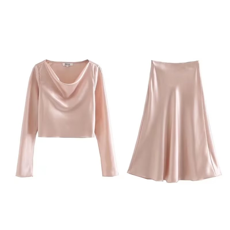 Women Clothing Summer Satin Long Sleeve Shirt Waist Mid Length Dress Set