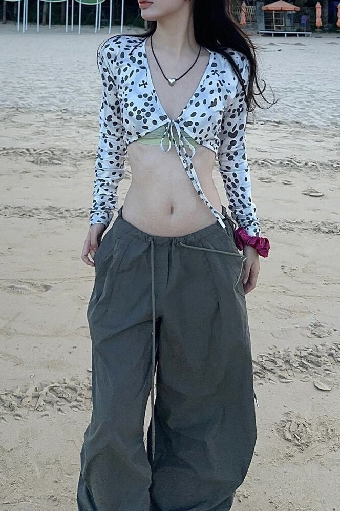 Edgy Y2K Print Tie Detail Slim Crop Top