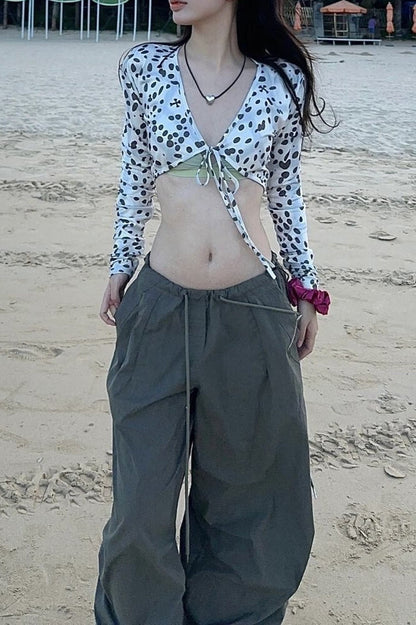 Edgy Y2K Print Tie Detail Slim Crop Top