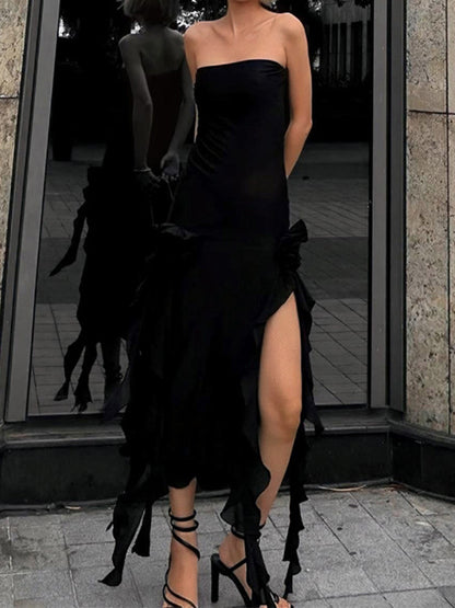 Strapless Floral Fringe Slit Dress