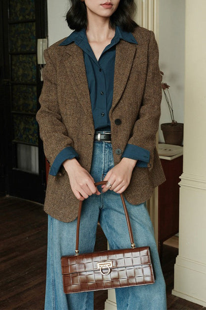 Herringbone Wool Blend Relaxed Blazer