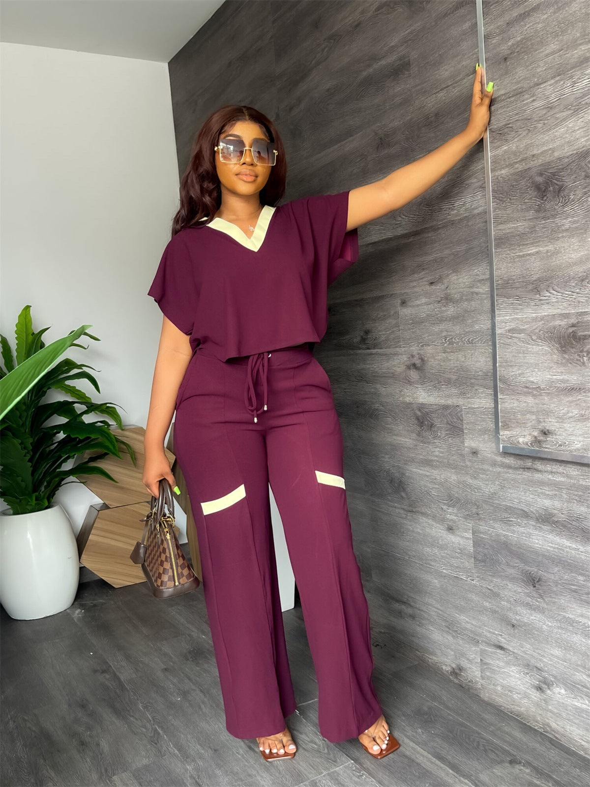 Solid Color Casual Short Sleeved T shirt Sports Suit Straight Leg Pants Summer two piece set