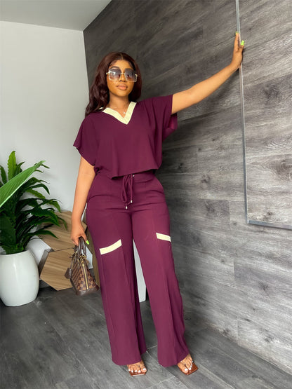Solid Color Casual Short Sleeved T shirt Sports Suit Straight Leg Pants Summer two piece set