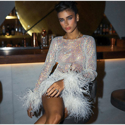 Fashionable Sequ Furry Skirt Set Women Sexy Nightclub Women round Neck Sexy Long Sleeve Short Dress