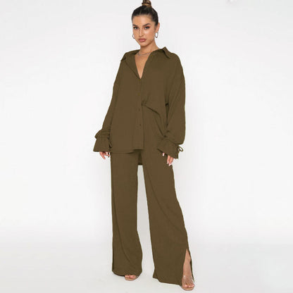 Autumn Winter Solid Color Polo Collar Single Breasted Long Sleeve Tied Top Women Clothing Smart Trousers Suit