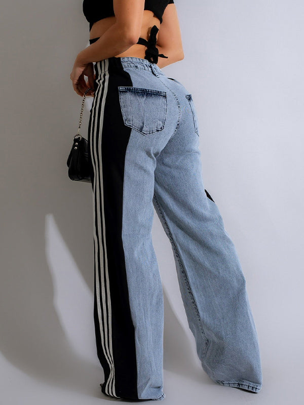 Wide leg denim trousers with three stripes