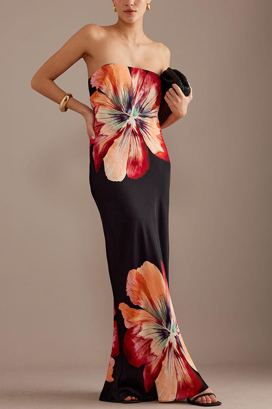 Charming ladies strapless waist cinching satin printed lace up loose long dress