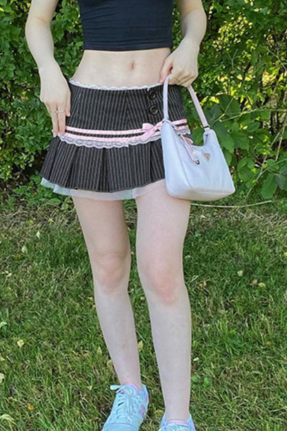Spice Striped Bow Lace Pleated Patchwork Mini Skirt