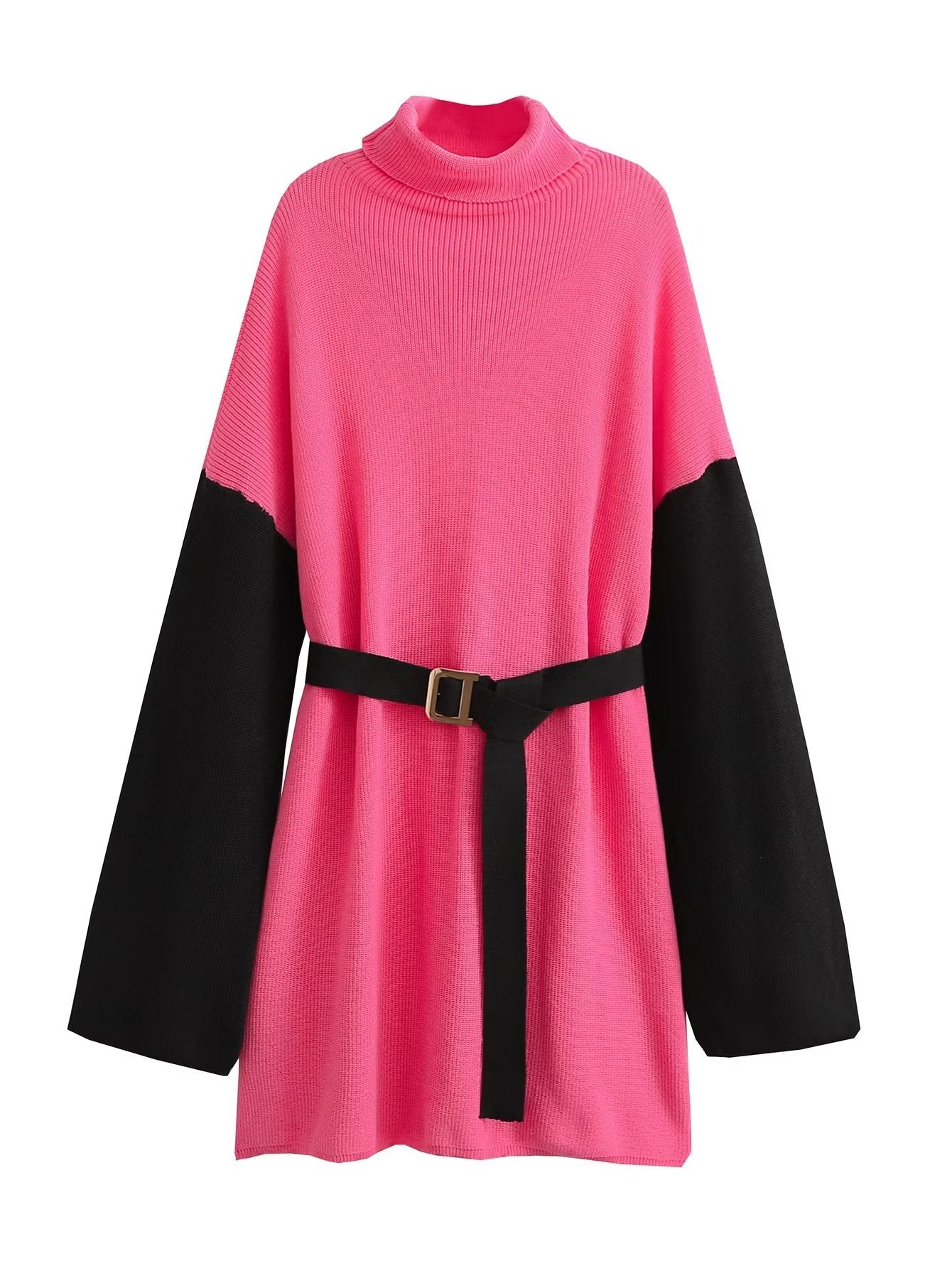 Fall Women Clothing All Match High Collar Loose Belt Knitted Dress