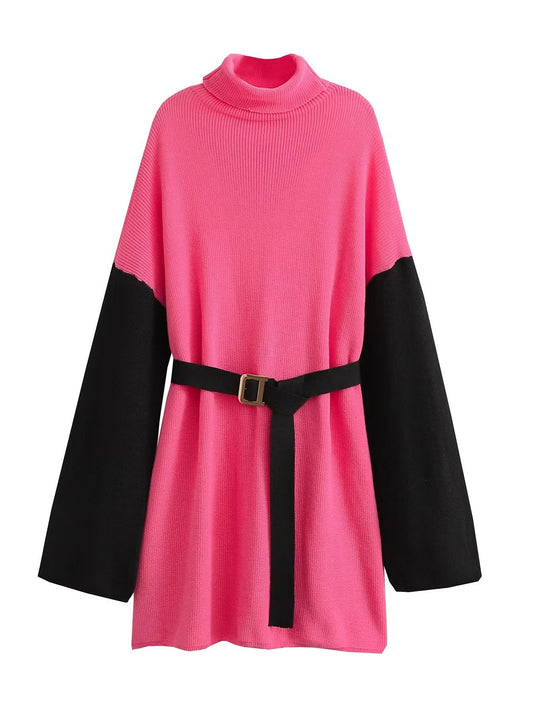 Fall Women Clothing All Match High Collar Loose Belt Knitted Dress