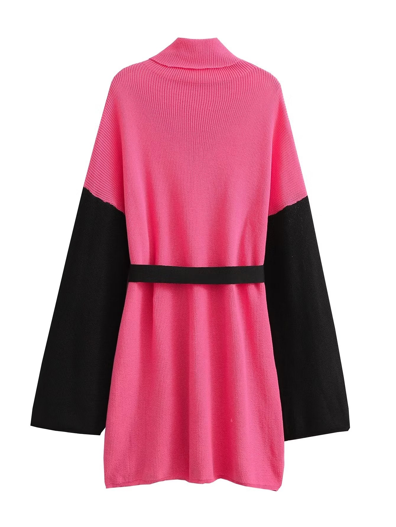 Fall Women Clothing All Match High Collar Loose Belt Knitted Dress