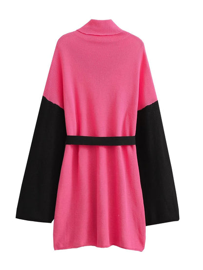 Fall Women Clothing All Match High Collar Loose Belt Knitted Dress