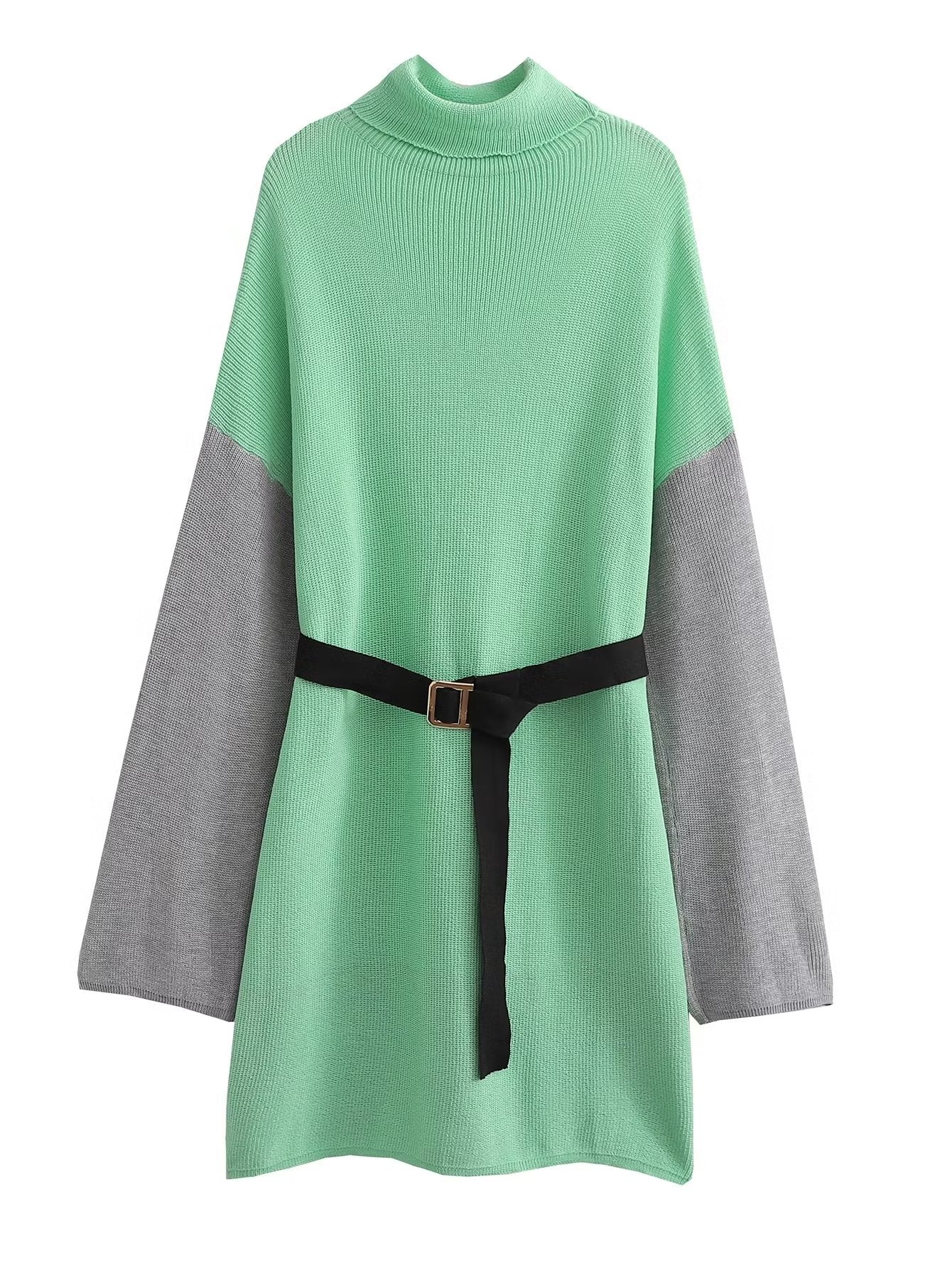 Fall Women Clothing All Match High Collar Loose Belt Knitted Dress
