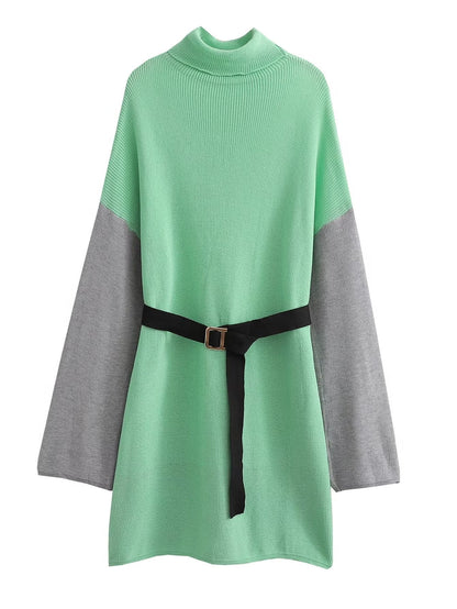 Fall Women Clothing All Match High Collar Loose Belt Knitted Dress