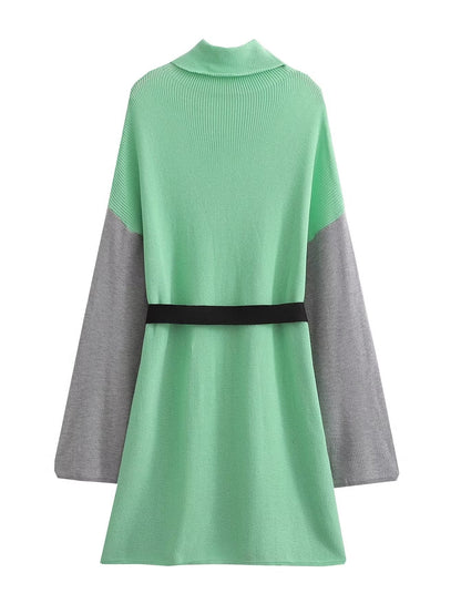 Fall Women Clothing All Match High Collar Loose Belt Knitted Dress