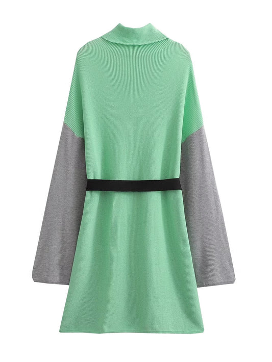 Fall Women Clothing All Match High Collar Loose Belt Knitted Dress