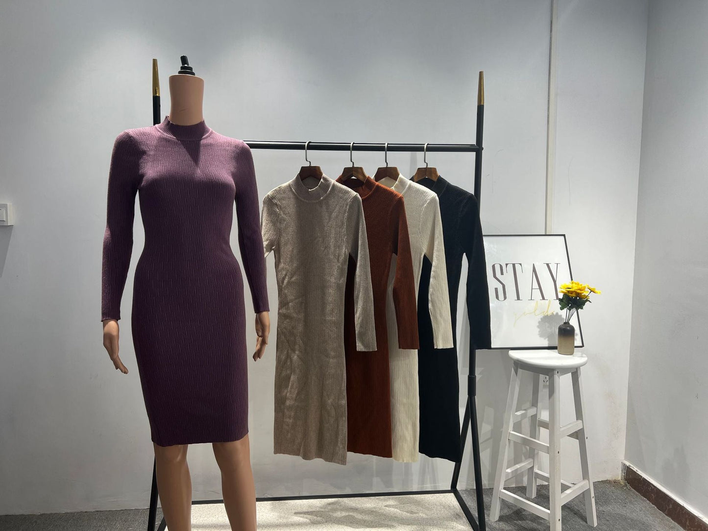 Sheath Half High Collar Inner Match Knitted Dress Women Fall Winter Outer Wear Thin over the Knee Mid Length Sweater Trendy