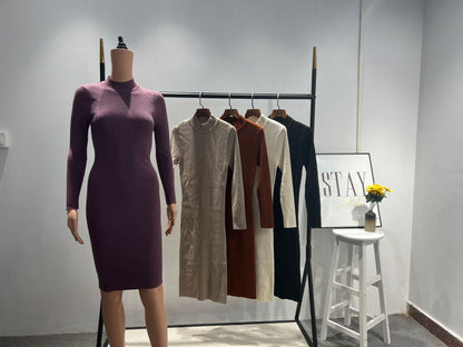 Sheath Half High Collar Inner Match Knitted Dress Women Fall Winter Outer Wear Thin over the Knee Mid Length Sweater Trendy